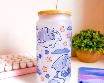 Starry Dragon Glass Can Cup 16oz - Clouds - Cute Cottage Core Kawaii