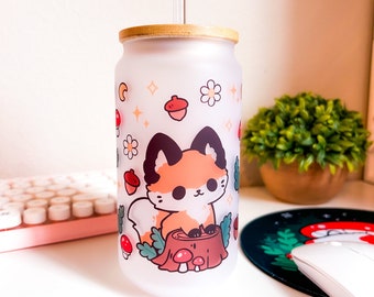 Forest Fox Glass Can Cup 16oz - Mushroom - Cute Cottage Core Kawaii