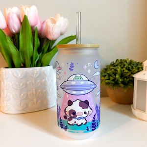 UFO Cow Glass Cup 16oz Iced Coffee Cup with Lid and Straw Alien Abduction Cow Tumbler UV DTF Wrap Gift for Cow & Space Lovers