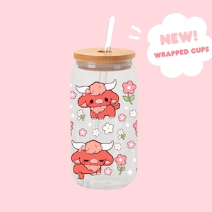 Floral Highland Cow Glass Cup 16oz Iced Coffee Cup with Lid and Straw Cute Floral Cow Tumbler UV DTF Wrap Gift for Cow lovers Pink Blue