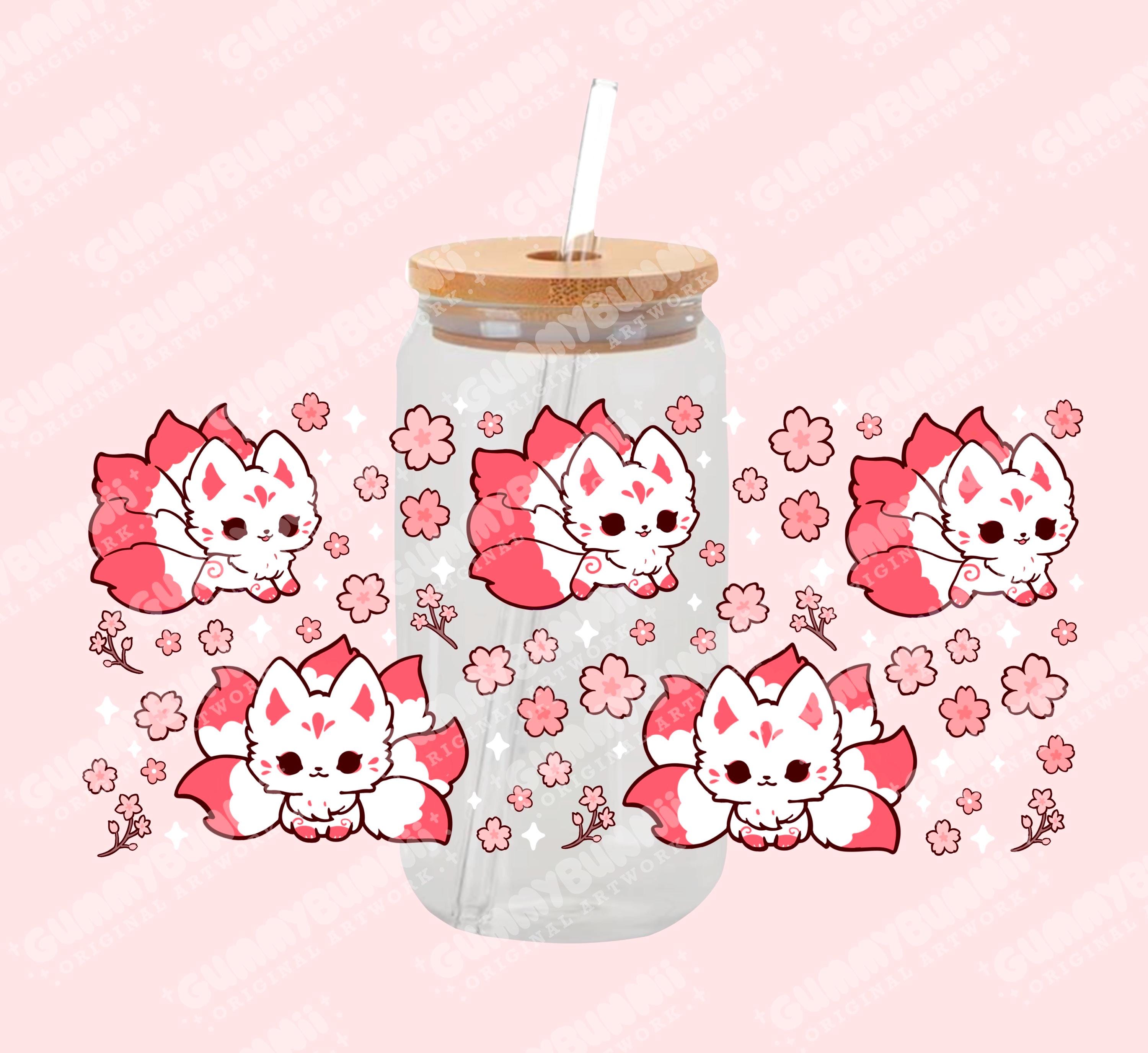 Kitsune Fox Glass Cup 16oz Iced Coffee Cup With Lid and Straw Cute