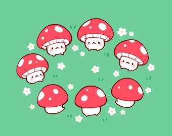 Impresión artística Círculo de hadas de hongos 8x8 Impresión artística mate - Lindo arte de hongos con núcleo de cabaña Kawaii