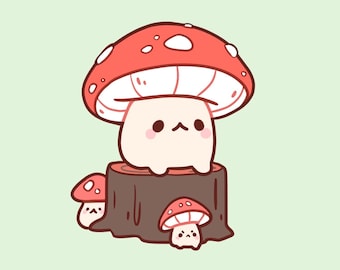 Impresión artística Familia de hongos 8x8 Impresión artística mate - linda cabaña kawaii