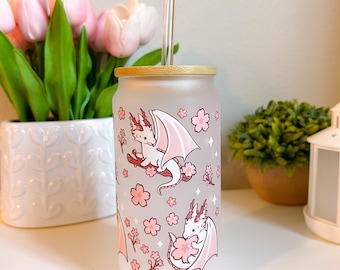 Dragon Cherry Blossom Glass Cup 16oz Iced Coffee Cup with Lid Straw UV DTF Wrap Tumbler Sakura Pink Dragon Gift for Anime & Fantasy Lovers