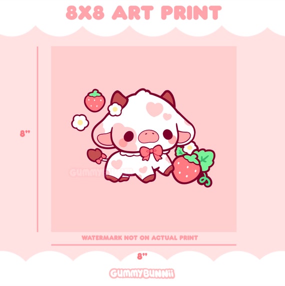 Art Print Strawberry Cow 8x8 Art Print Cute Kawaii Pink Cow 