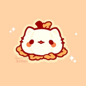 May include: A cartoon illustration of a white cat-shaped pumpkin with a red stem and orange accents. The cat-pumpkin has rosy cheeks and a small smile. The image has a light orange background with star-shaped sparkles and the text "GUMMY BUNNII".