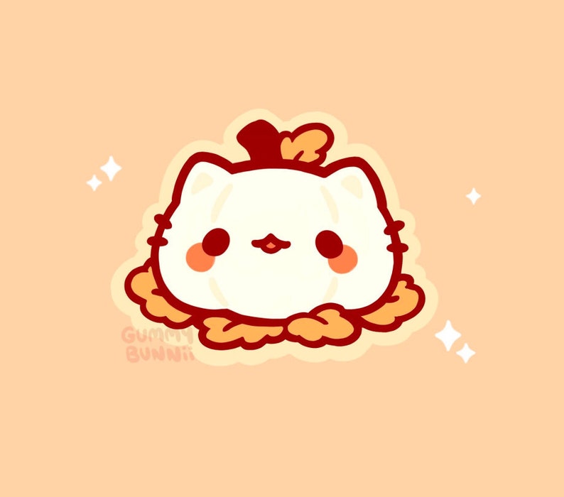 May include: A cartoon illustration of a white cat-shaped pumpkin with a red stem and orange accents. The cat-pumpkin has rosy cheeks and a small smile. The image has a light orange background with star-shaped sparkles and the text "GUMMY BUNNII".