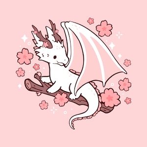 May include: A white cartoon dragon with pink wings and accents, sitting on a brown branch. The dragon is surrounded by pink cherry blossoms against a pink backdrop. The illustration has a cute, whimsical style.