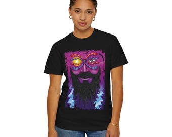 Koszulka z psychodeliczną brodatą twarzą | Retro Mezopotamia Neonowa grafika z okiem słonecznym