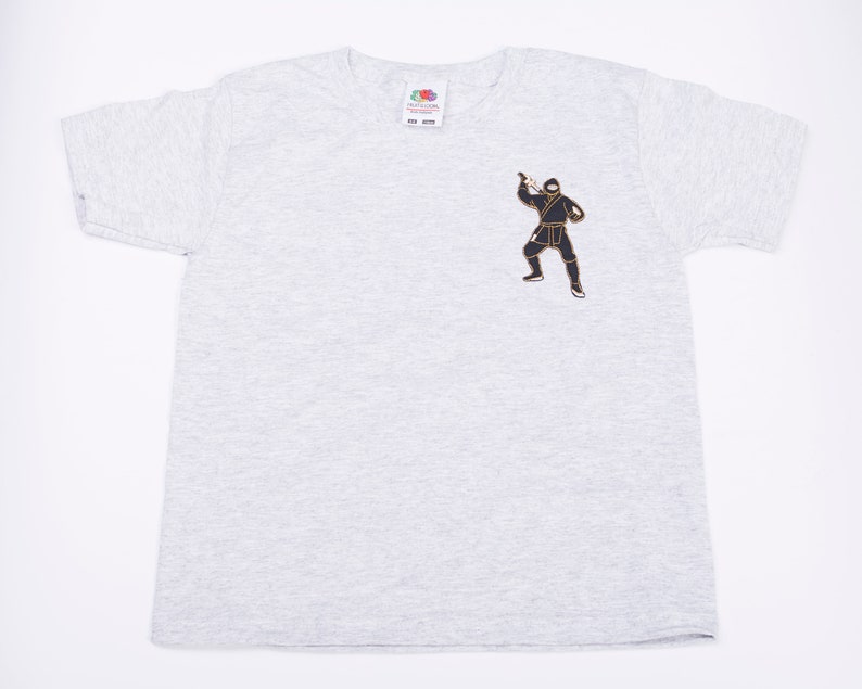Great Gift for Boy Cotton Shirt for Martial Arts Birthday Gray Tee Perfect Gift for Ninja Fans Cotton Boys T-shirt with Ninja Embroidery