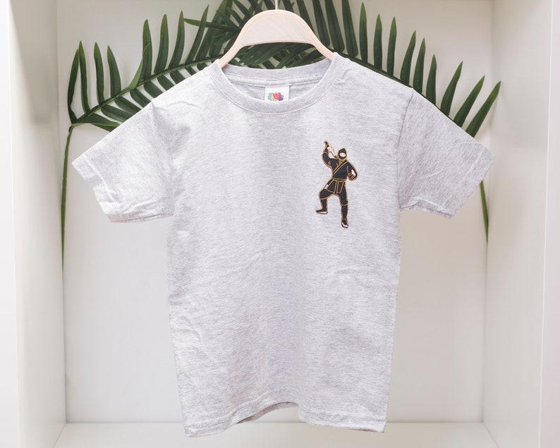 Great Gift for Boy Cotton Shirt for Martial Arts Birthday Gray Tee Perfect Gift for Ninja Fans Cotton Boys T-shirt with Ninja Embroidery