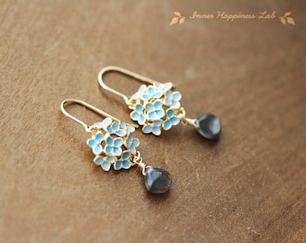 Hydrangea and Black moonstone earrings/ 14K Gold filled