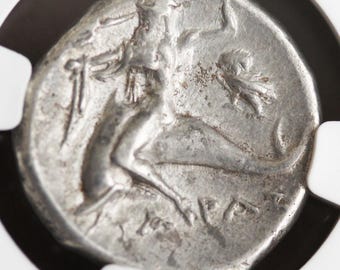 Calabria Taras silver coin, Ancient Greek coin – XF NGC– The Leaping hero, the Dolphin, and the Watching owl