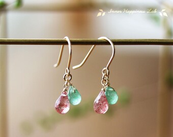 Strawberry quartz earrings, Drop Earrings, Green strawberry quartz earrings, 14K gold filled, Sterling silver