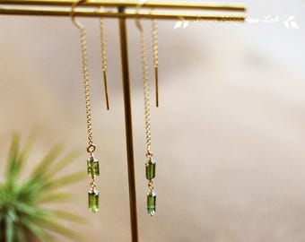 Green tourmaline threader earrings, Raw green tourmaline earrings, 14K Gold filled