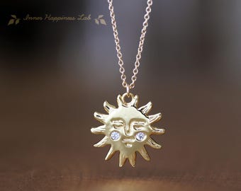 Sun pendant necklace, Sun face charm with zirconia necklace, 18K Gold filled pendant, 14K Gold filled chain