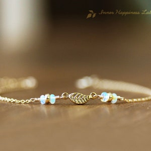 Ethiopian opal bracelet, White opal bracelet, Leaf charm bracelet, 14K gold filled chain