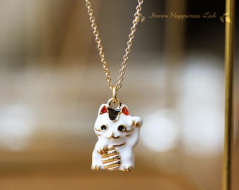 Maneki Neko Necklace, Lucky Beckoning Cat Charm, 14K Gold Filled Chain