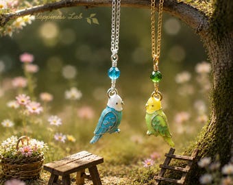 Budgie necklace, Budgerigar charm pendant, 14K gold filled chain, Sterling silver chain, Neon blue apatite, Chrome diopside