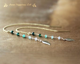 Emerald Ombre Threader Earrings , Leaf charm, 14K Gold Filled