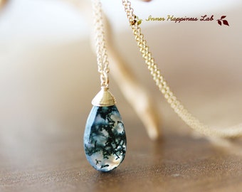 Moss agate necklace, Moss agate pendant necklace, 14K Gold filled