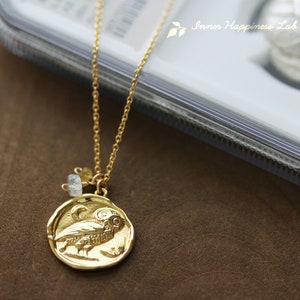 Greek coin necklace, Owl of Athena necklace,  Athena goddess, Ancient Greece, Moon stone, yellow sapphire, 14K Gold filled chain
