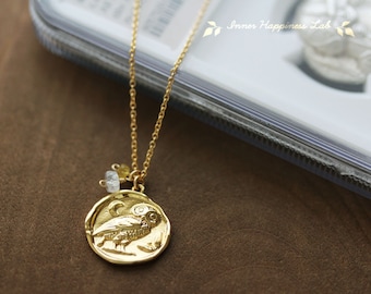 Greek coin necklace, Owl of Athena necklace,  Athena goddess, Ancient Greece, Moon stone, yellow sapphire, 14K Gold filled chain