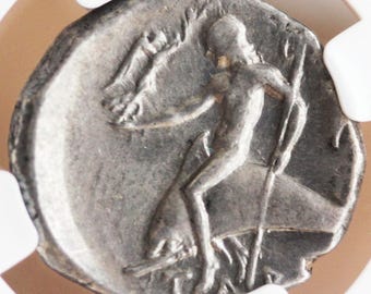 Ancient Taras silver coin, Ancient greek coin – Ch XF NGC– Blessed by Nike, Riding the dolphin, Horseman