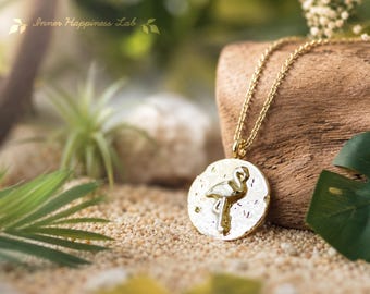 Flamingo coin necklace, Flamingo charm pendant, 14K gold filled chain