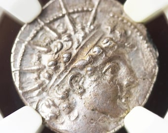 Ancient Seleucid silver coin – Ch AU NGC– Antiochus VI, The young king of light, Apollo