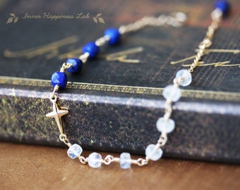 Lapis Lazuli Rainbow Moonstone Bracelet, 14K Gold Filled Cross Charm