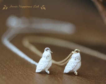 White Owl Charm Pendant Necklace, 14K Gold Filled, Sterling Silver Chain