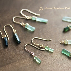 Green tourmaline earrings, Raw tourmaline earrings, Stick tourmaline earrings, 14K Gold filled, Sterling silver