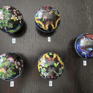 Vintage Chinese Cloisonne Floral or Imperial Two Dragons Round Lid Bowls Copper Enamel Cloisonné