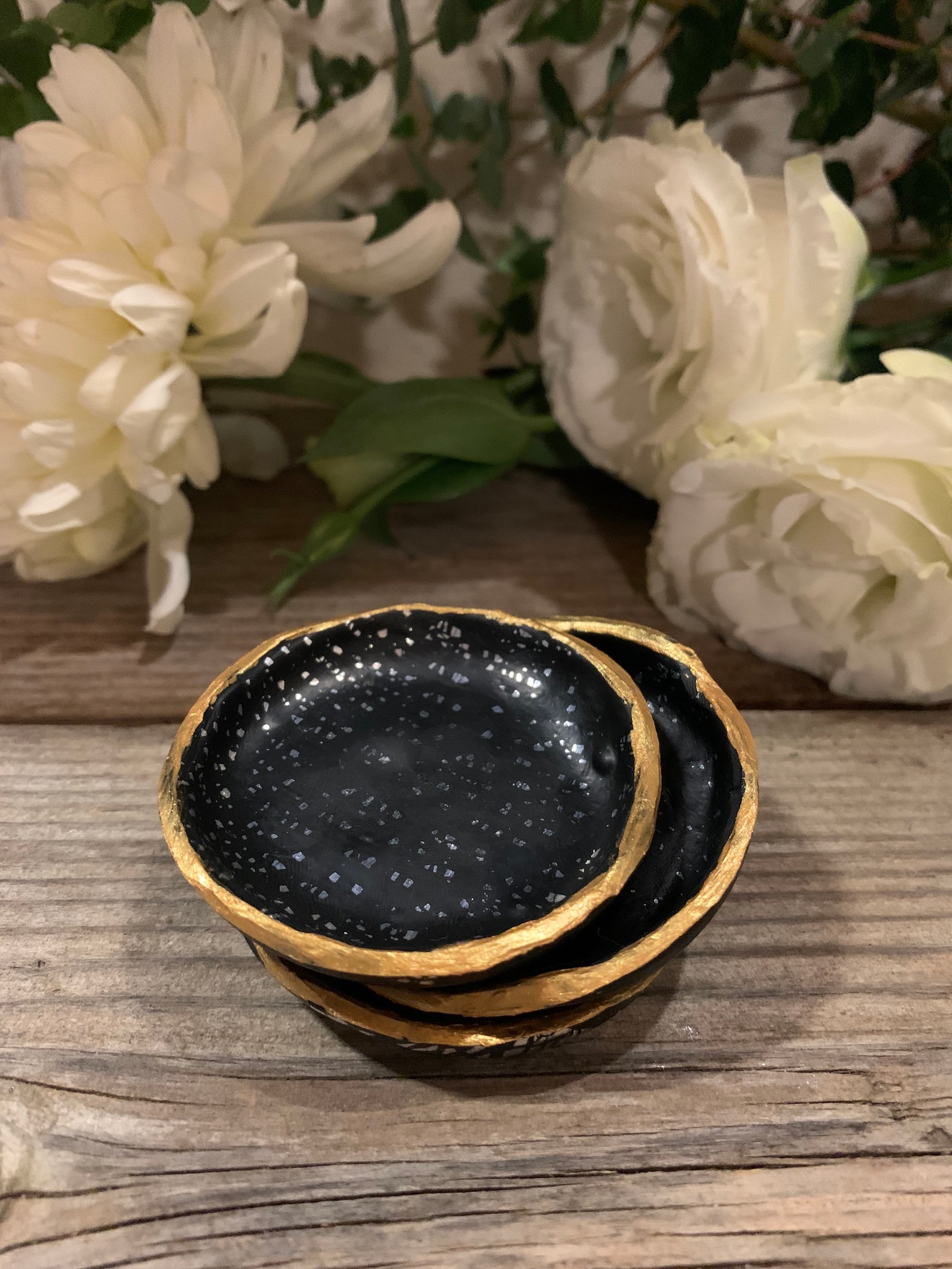 Set of Three Small Black Bowls With Silver Leaf and Gold Rim Etsy