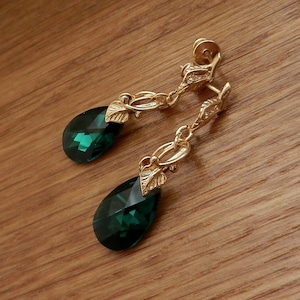 Elegant 24K Gold-Plated Sterling Silver Earrings with Emerald Swarovski Crystals - Luxurious and Radiant