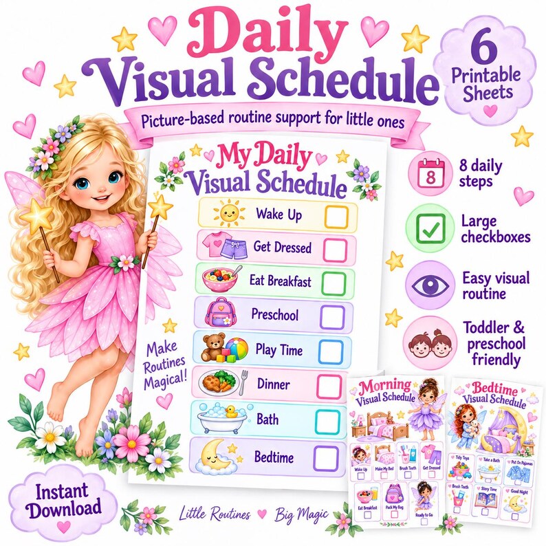 Visual Routine Example For Preschoolers Fairy Visual Schedule for Kids – Preschool Daily Routine Printable ...