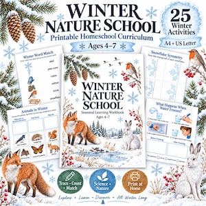 Puede incluir: Un cuaderno de actividades Winter Nature School para educación en casa, edades 4-7, con 25 ejercicios invernales en formatos A4 y US Letter. La portada muestra un zorro, un conejo, piñas y bayas, junto a hojas de trabajo sobre palabras, simetría y ciencia.