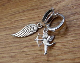 Sterling Silver Leverback Hoop Earrings Angel and Wing Charms