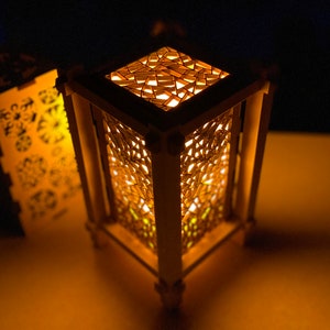 Mini Shoji Japanese Lantern With Swappable Laser Etched Tea Lamp Insert Fractured Pattern