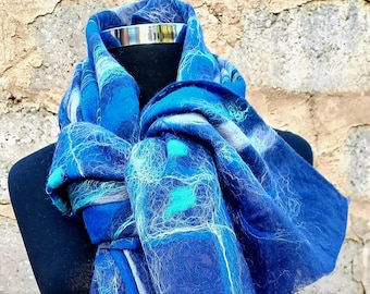 felted scarf /blue felted scarf/wool scarf / handmade felted /silk scarf/  woman handmade felted /winter felted scarf / merino  wool