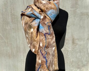 felt scarf/handmade scarf/wool scarf/ warm felt scarf/ handmade felted /  woman handmade felted / Nuno felt / felted scar/Brown and blue col