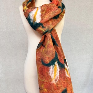 felt scarf with flowers, orange felted scarf, warm winter scarf, women&#39;s scarf, felted headwear, perfect gif.