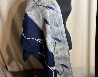 Blue felt scarf/ gift for women /felt scarf /silk scarf/wool scarf/  woman handmade felted / Nuno felt / felted scarf / merino