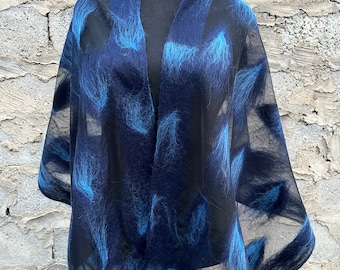 Blue felt scarf/ merino wool /felt scarf/wool scarf /felted scarf /nuno felt scarf/ felt shawl/felt/blue scarf/silk/ felted/thin felt scarf
