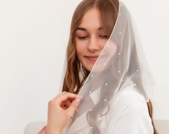 Pañuelo blanco con perlas, tocado para iglesia, velo cristiano, velo católico, accesorio para el cabello de boda, mantilla