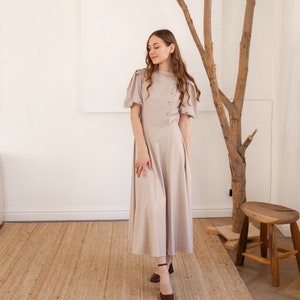 Elegant Dress with Buttons, Wedding Dress, Tailored Dress for Woman, Fit and flare Dress, A-line Cotton Dress