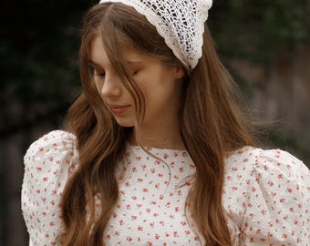 Handmade Cotton Crochet Headscarf with Macrame Lace Trim