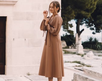 Delicate Midi Length Dress, Long Sleeve Dress, Modern Dress with Suit Fabric, Fashion Clothes for Girl, Handmade Plain Dress