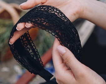 Black Macrame Headband, Handmade Hair Accessories, Modern Head Covering, Lace Headband for Women